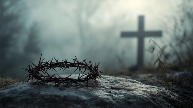 Closeup of crown of thorns on stone rock, blurred wooden cross in background, copy space. Jesus Christ crucifixion sacrifice death, Christianity Bible gospel, resurrection, Easter, suffering, pain