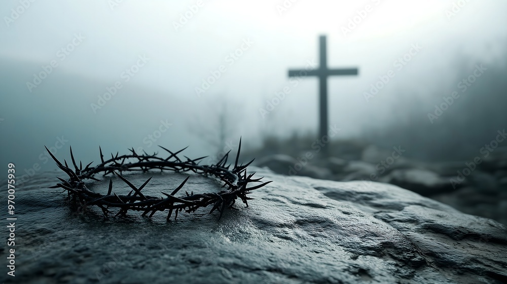 Wall mural Closeup of crown of thorns on stone rock, blurred wooden cross in background, copy space. Jesus Christ crucifixion sacrifice death, Christianity Bible gospel, resurrection, Easter, suffering, pain