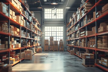 Obraz premium Spacious Warehouse Interior with Organized Shelving and Natural Light