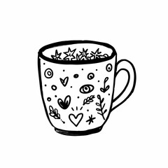Obraz premium Hand-drawn decorative cup with patterns of hearts, stars, and plants 