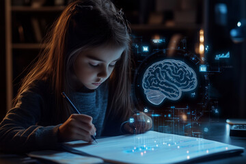 A child immersed in note-taking with an advanced AI brain interface during a quiet evening study session