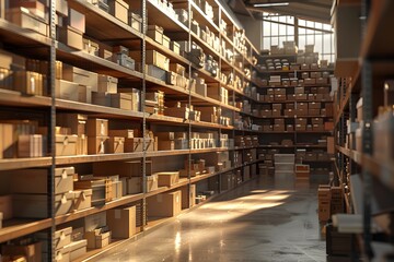 Fototapeta premium A Well-Organized Warehouse Filled with Boxes and Shelves