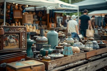 Naklejka premium Vibrant Antique Market Scene with Unique Collectibles and Visitors
