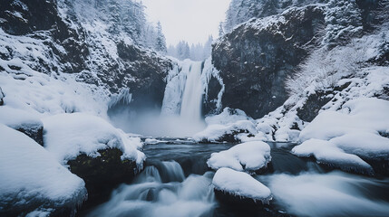 A majestic winter waterfall frozen in time surrounded by snow-covered rocks and trees.