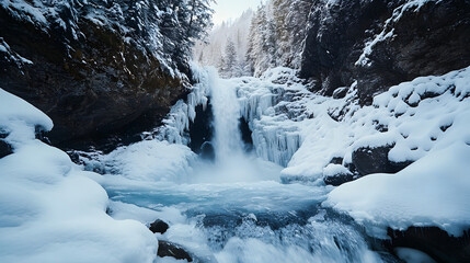 A majestic winter waterfall frozen in time surrounded by snow-covered rocks and trees.
