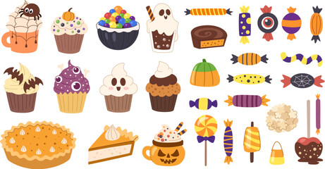 Halloween sweets set. Candies, cupcakes, pumpkin pie, candy corn, candy pumpkin, caramel apples and other traditional Halloween sweets. White background.