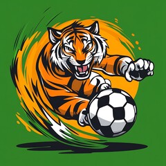 Obraz premium Tiger soccer mascot kicking ball with green background