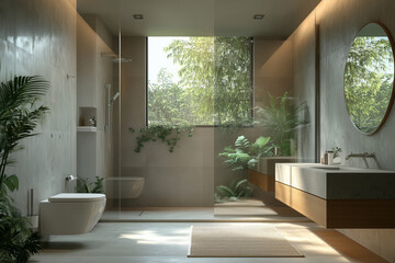 Fototapeta premium Modern bathroom retreat featuring a spacious shower and greenery, enhancing relaxation and tranquility in a stylish setting