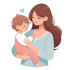 Mother with baby, flat style illustration on white background with leaves 