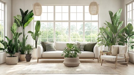 Modern living room interior design with large windows, green plants, and white furniture