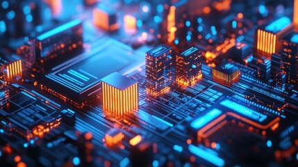 Obraz premium Futuristic Cityscape Constructed on a Circuit Board