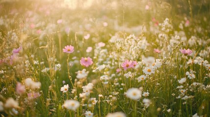Fototapeta premium A Field of Pink and White Flowers in Golden Sunlight
