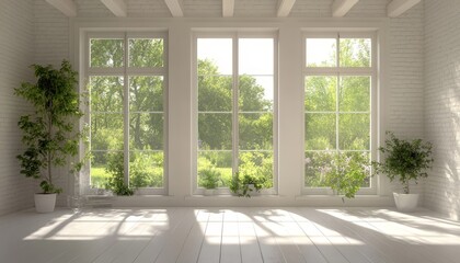 Fototapeta premium Bright, Airy Scandinavian Interior with Large Windows, Potted Plants, Minimalist Design