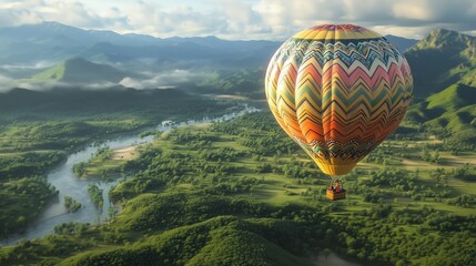 Colorful hot air balloon floating over a lush green valley with a winding river during a bright day