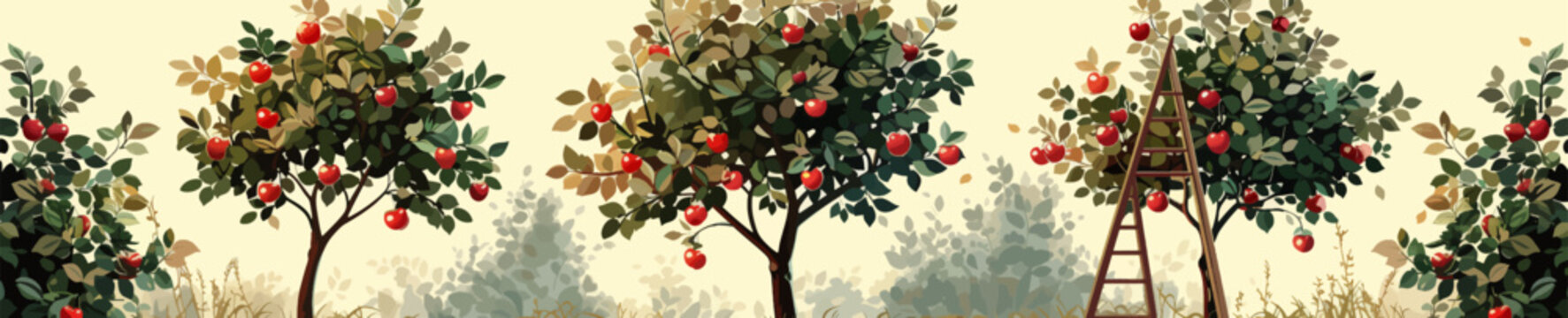 A peaceful apple orchard filled with trees bearing ripe red apples, accompanied by a ladder, ready for harvest under soft natural light. Generative ai vector illustration. 