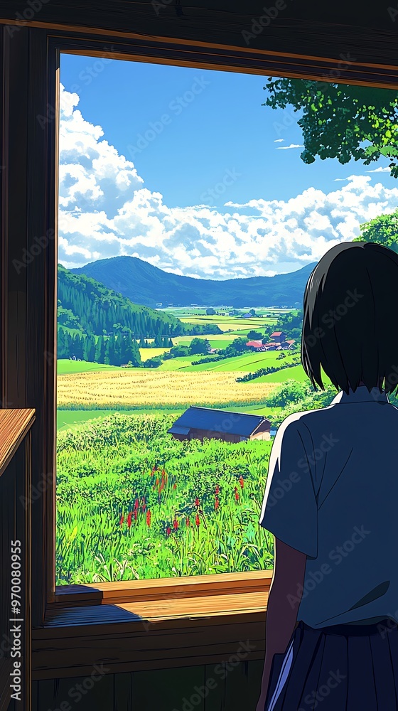 Wall mural Anime girl looking out window at beautiful countryside landscape.