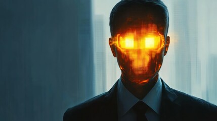 Man with Glowing Orange Digital Face in Suit