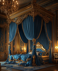 canopy bed in a baroque-style palace bedroom, rich gold and royal blue color scheme, ornate woodwork, luxurious silk drapes