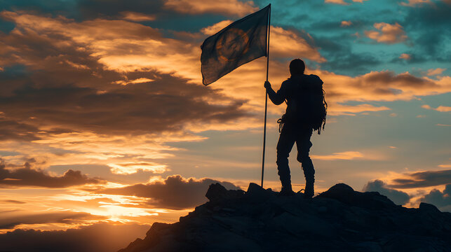 A person planting a flag on a newly reached summit symbolizing personal achievement and conquest.