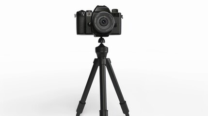 A modern DSLR camera mounted on a sturdy tripod, ideal for photography enthusiasts and professionals.