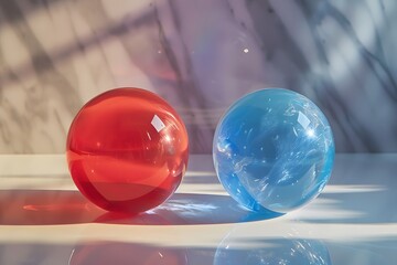 Naklejka premium Vibrant Red and Blue Spheres on a Reflective Surface