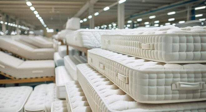 White Mattresses Stacked In A Warehouse - Bedding Production