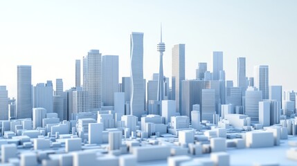 Obraz premium A Minimalist White 3D Model of a Modern Cityscape with Tall Buildings and a Tower
