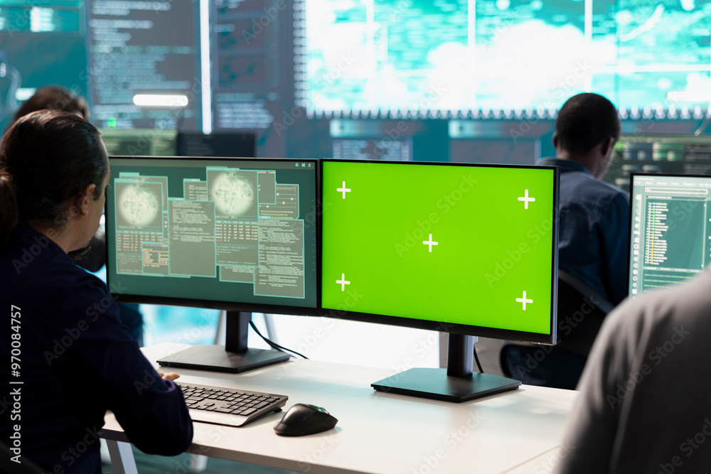Poster cyber security experts working with mockup layout on a desktop pc, using encryption and it security 