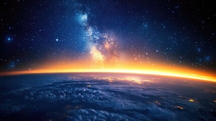 Earth at night with milky way and clouds.