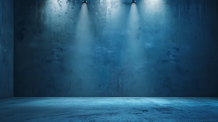 Empty Blue Background: Spotlight with studio for showing or design. Blank backdrop made from cement material. Realistic 3D render.