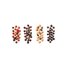 Colorful peppercorns arranged in distinct groups showcase variety of textures and shades, creating visually appealing display of spices. This image captures essence of culinary diversity and flavor. 