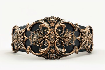 Elegant ornate belt showcasing intricate designs in bronze and black, perfect for adding a touch of luxury to any outfit.