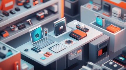 Fototapeta premium A Minimalist Tech Store Interior with Various Devices and Gadgets