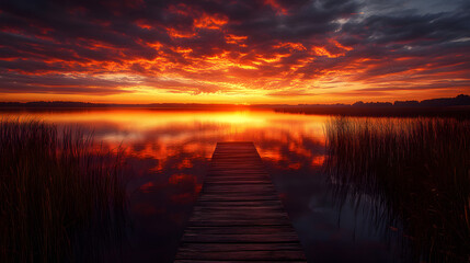 Fototapeta premium A serene lake at sunset with a wooden pier extending into the water and the sky ablaze with orange and red hues reflecting on the still surface.