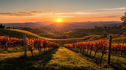 Fototapeta premium A serene sunset over a vineyard in autumn with the grapevines turning shades of red and gold and the sun casting a warm light over the rolling hills.