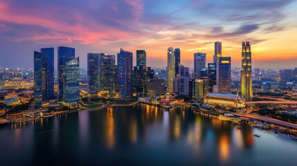 Fototapeta premium Singapore Skyline at Dusk with Reflections in Water