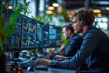 A finance team working together in a high-tech office, surrounded by multiple monitors displaying financial data and stock market information.