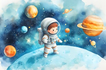 A charming children's poster featuring a cute astronaut boy in space, illustrated in watercolor style, perfect for nursery decor or educational purposes.