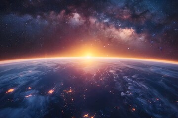 Fototapeta premium Breathtaking View of Earth at Sunrise with the Milky Way Above