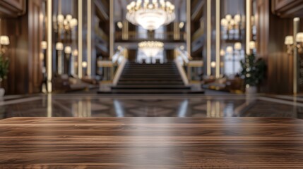 Fototapeta premium Luxurious hotel lobby with elegant decor, grand staircase, and captivating lighting, perfect setting for events or relaxation.