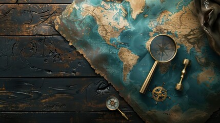 Naklejka premium Vintage treasure map with compass and magnifying glass, exploring the world's hidden adventures and journeys.