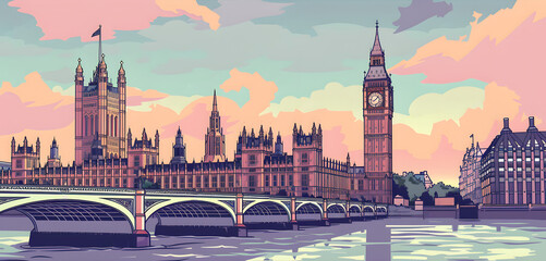 panorama view of london city sunset, big ben land mark, uk streets and buildings, , urban illustration of civilized modern first world country, London city view