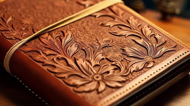 Beautiful leather bound journal featuring a tooled floral design, resting on a wooden desk. Perfect for christmas or special occasions