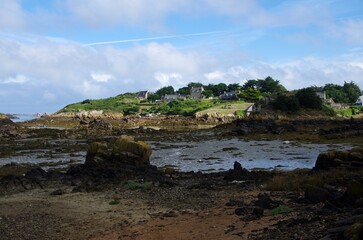 Seascape at low tide on the Brehat island in Brittany in France, Europe