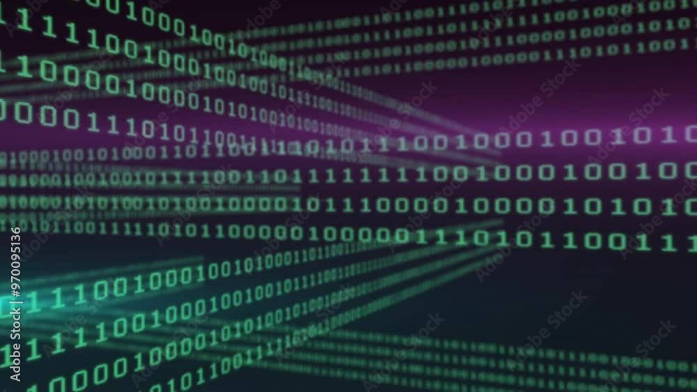 Poster animation of binary coding and glowing light trails moving over black background