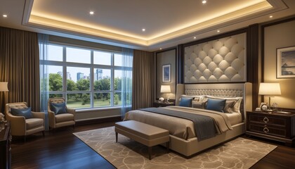 Fototapeta premium Luxury Master Bedroom Interior, Panoramic Park Views, Elegant Furniture, Cove Lighting