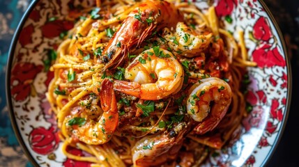 Shrimp pasta with parsley and black pepper in a colorful bowl.