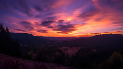 Obraz premium A sunset over a forested valley with the sun casting long shadows and the sky filled with deep oranges and purples creating a dramatic and tranquil scene.