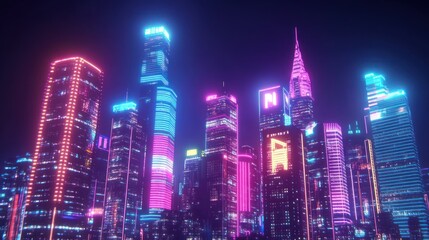 Obraz premium Neon-lit Skyscrapers in a Futuristic Cityscape