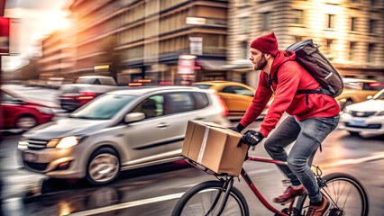 Naklejka premium A delivery cyclist in a red outfit, carrying a package, rides through a busy city street with moving cars on a sunny day.